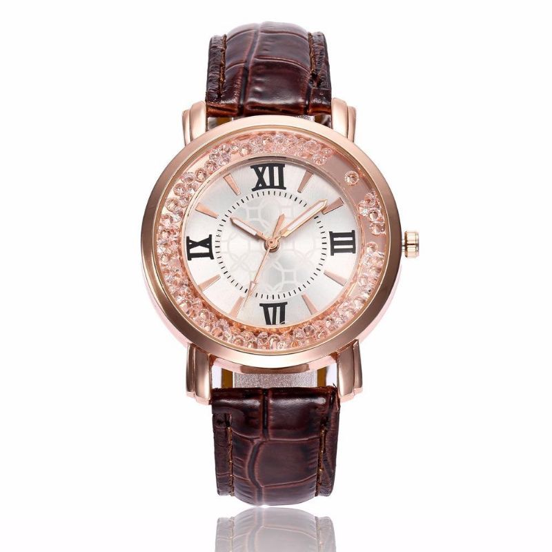 Moda De Oro Rosa De Cristal Que Fluye Números Romanos Vestido De Mujer Pulsera Reloj De Cuarzo De Cuero Para Mujer