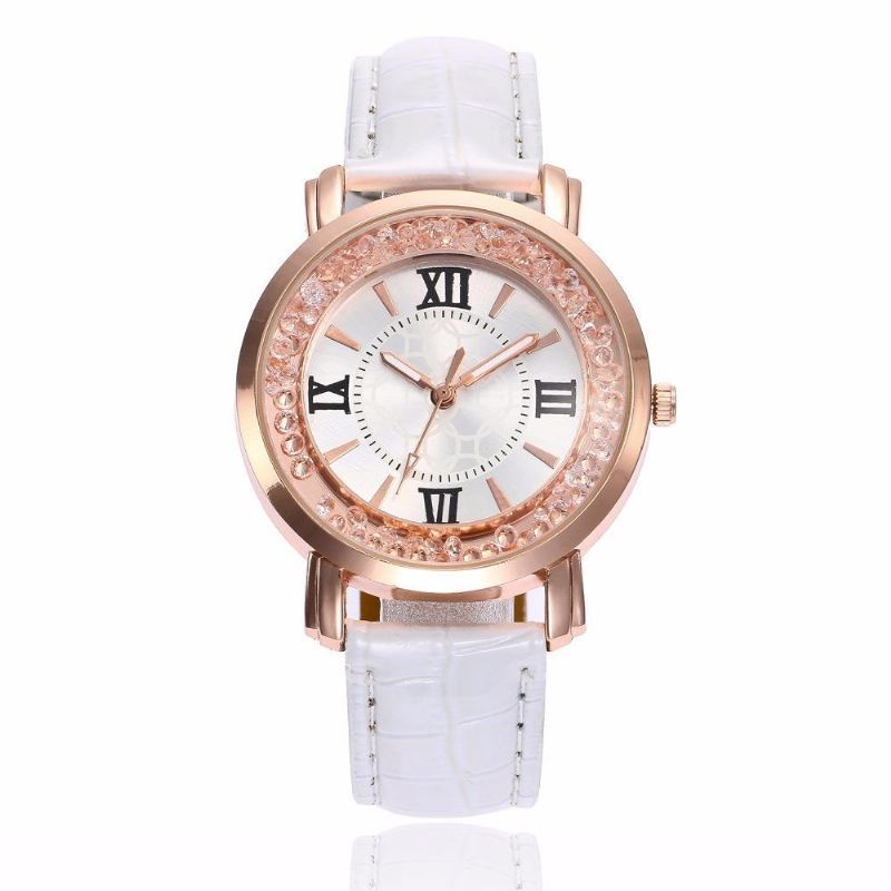 Moda De Oro Rosa De Cristal Que Fluye Números Romanos Vestido De Mujer Pulsera Reloj De Cuarzo De Cuero Para Mujer