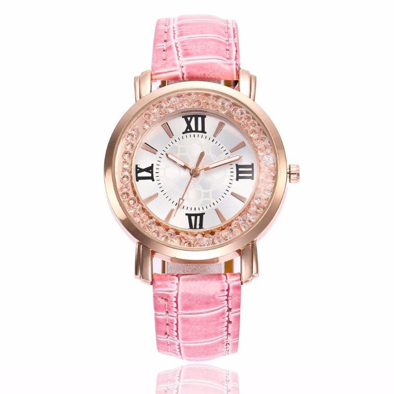 Moda De Oro Rosa De Cristal Que Fluye Números Romanos Vestido De Mujer Pulsera Reloj De Cuarzo De Cuero Para Mujer