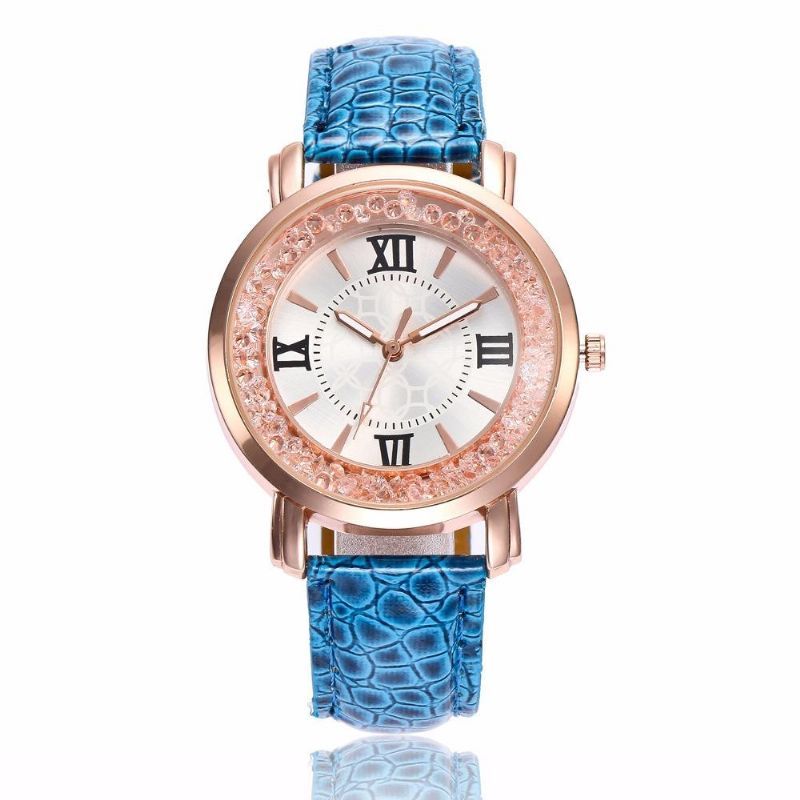 Moda De Oro Rosa De Cristal Que Fluye Números Romanos Vestido De Mujer Pulsera Reloj De Cuarzo De Cuero Para Mujer