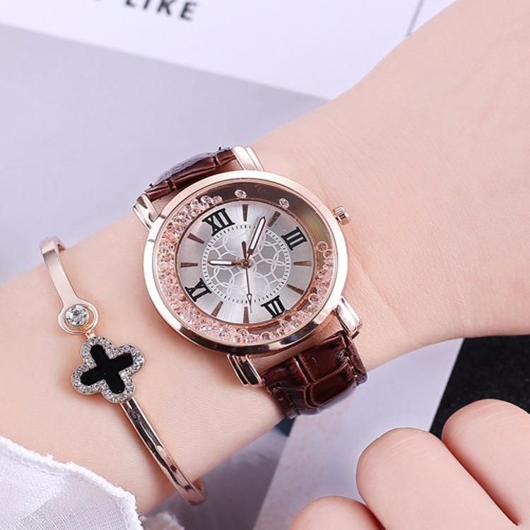 Moda De Oro Rosa De Cristal Que Fluye Números Romanos Vestido De Mujer Pulsera Reloj De Cuarzo De Cuero Para Mujer