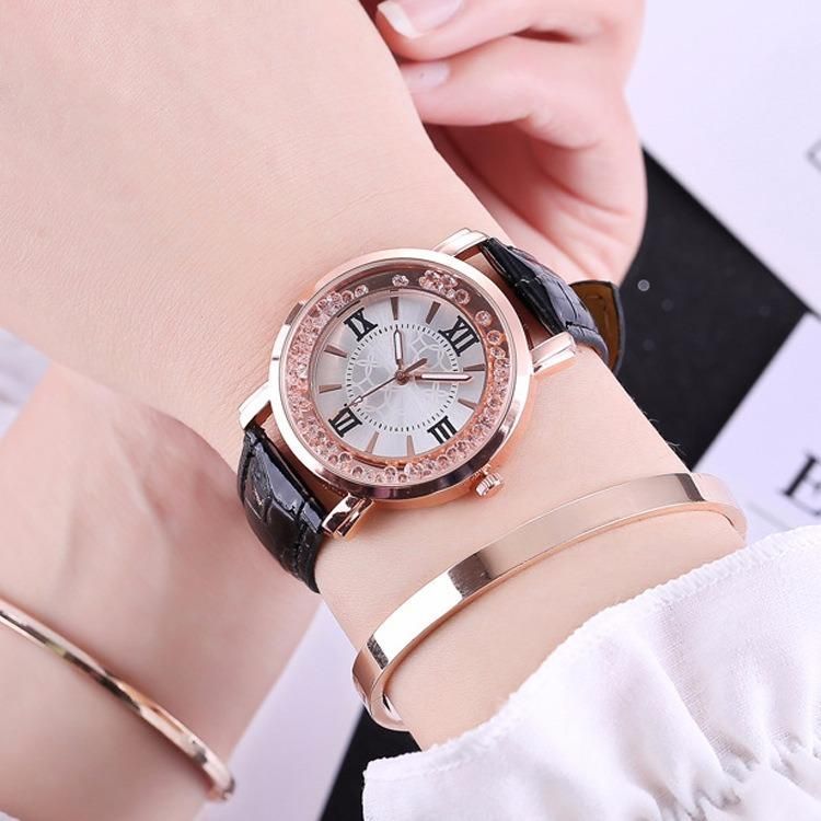 Moda De Oro Rosa De Cristal Que Fluye Números Romanos Vestido De Mujer Pulsera Reloj De Cuarzo De Cuero Para Mujer