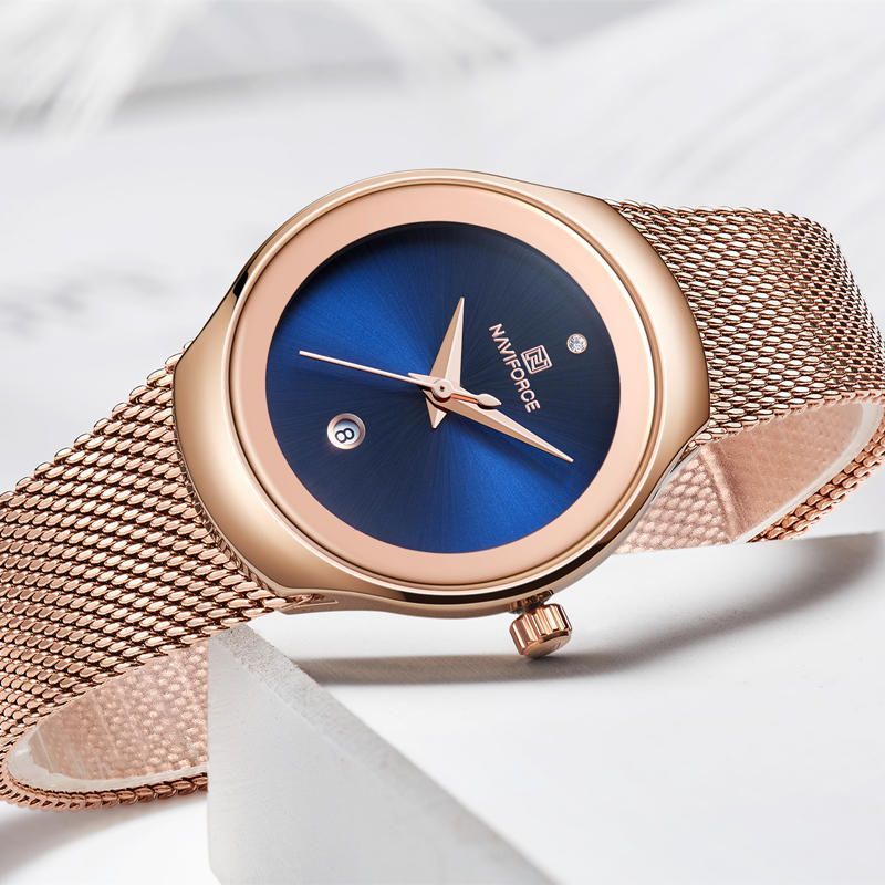 Nf5004 Reloj De Pulsera De Acero De Malla Impermeable Para Mujer Reloj De Cuarzo Con Fecha De Moda