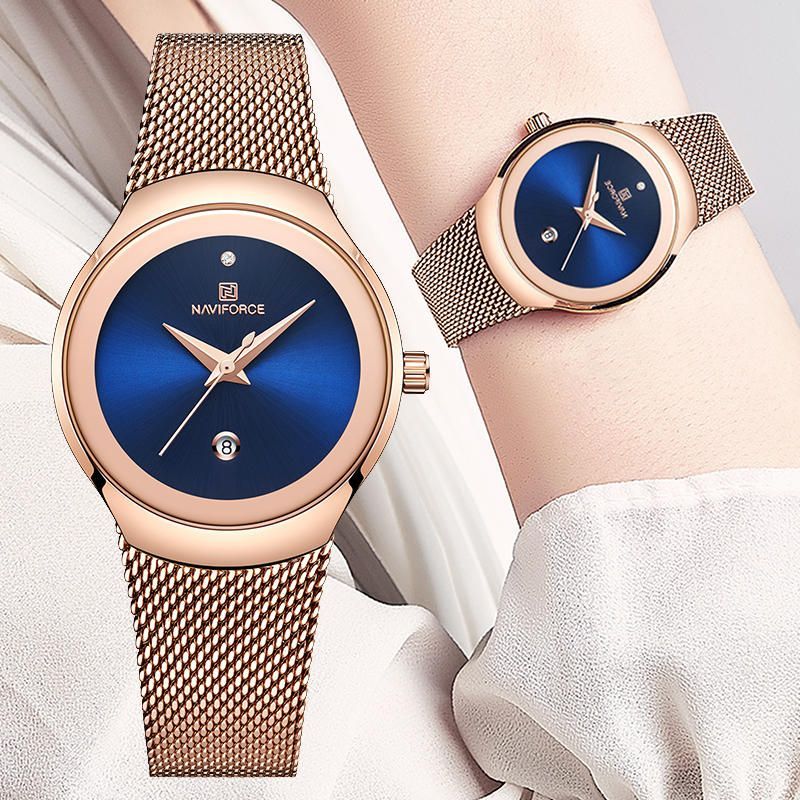 Nf5004 Reloj De Pulsera De Acero De Malla Impermeable Para Mujer Reloj De Cuarzo Con Fecha De Moda