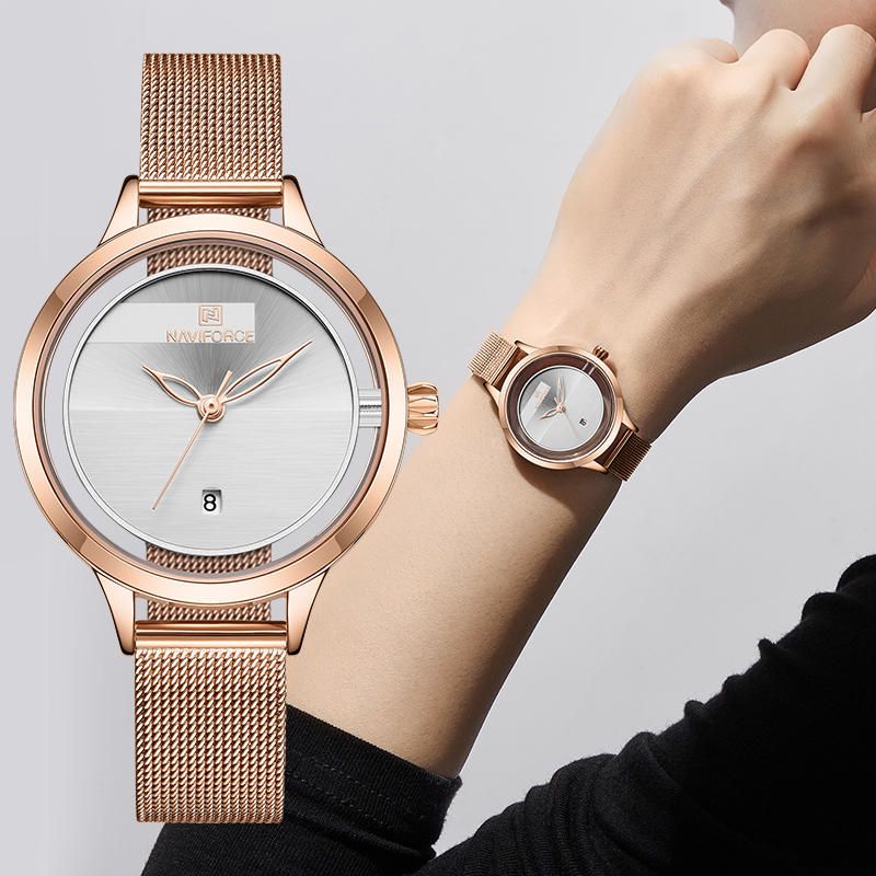 Nf5014 Reloj De Pulsera Hueco De Acero Completo Para Mujer Reloj De Cuarzo Resistente Al Agua Con Visualización De Fecha