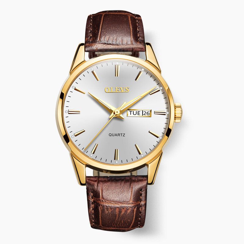 Olevs 6898 Reloj De Moda Para Hombre Fecha Semana Visualización Correa De Cuero Reloj De Cuarzo Informal