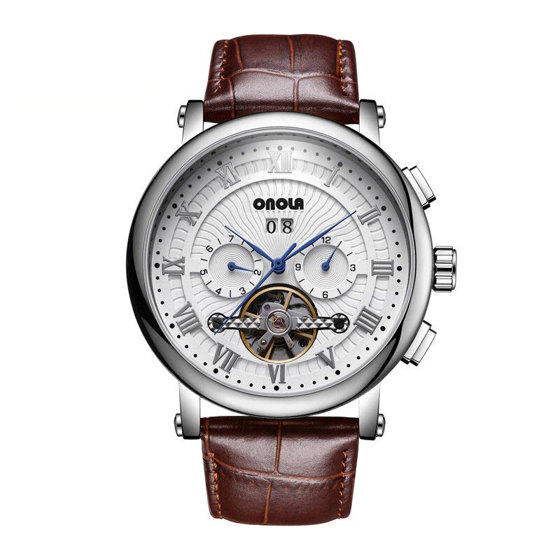 Onola On6801 Reloj Automático Para Hombre De Moda Volante Hueco Pantalla De Fecha Correa De Cuero Reloj Mecánico