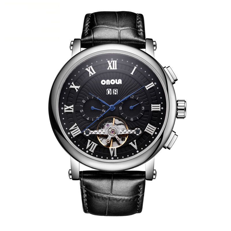 Onola On6801 Reloj Automático Para Hombre De Moda Volante Hueco Pantalla De Fecha Correa De Cuero Reloj Mecánico