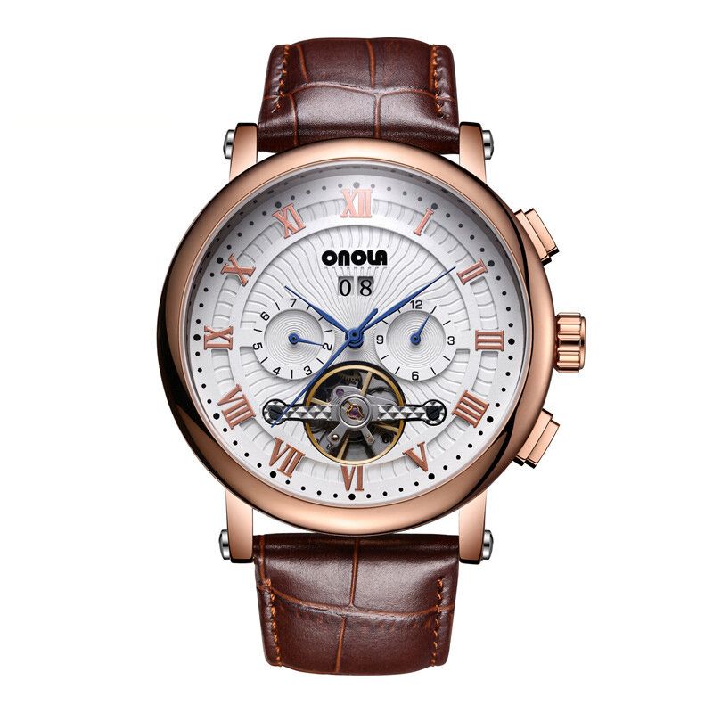 Onola On6801 Reloj Automático Para Hombre De Moda Volante Hueco Pantalla De Fecha Correa De Cuero Reloj Mecánico