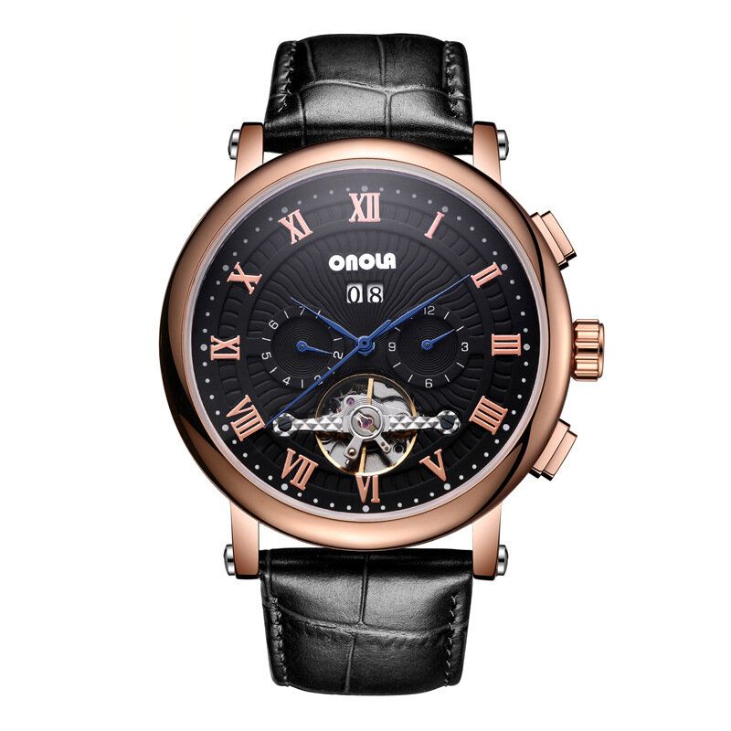 Onola On6801 Reloj Automático Para Hombre De Moda Volante Hueco Pantalla De Fecha Correa De Cuero Reloj Mecánico