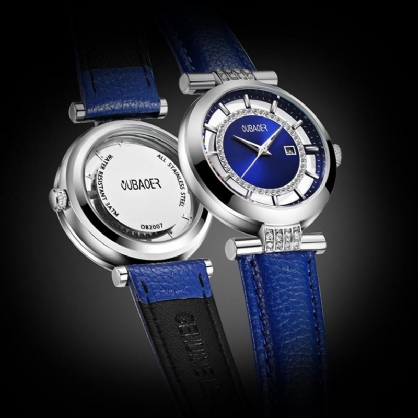 Oubaoer Ob2007 Reloj De Pulsera De Diamantes De Imitación Azul Para Mujer Relojes De Cuarzo Con Correa De Cuero Genuino