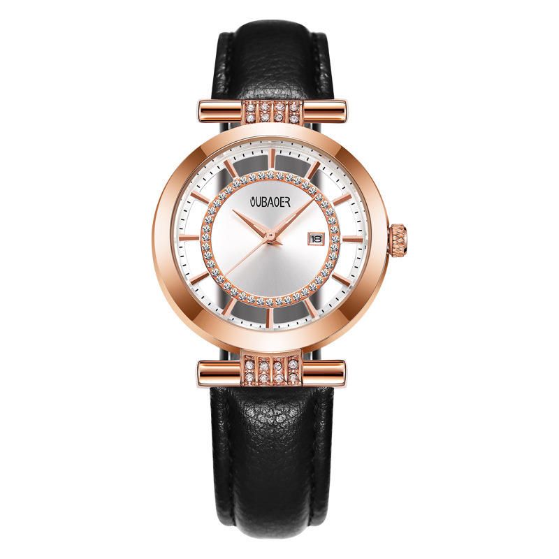 Oubaoer Ob2007 Reloj De Pulsera De Diamantes De Imitación Azul Para Mujer Relojes De Cuarzo Con Correa De Cuero Genuino