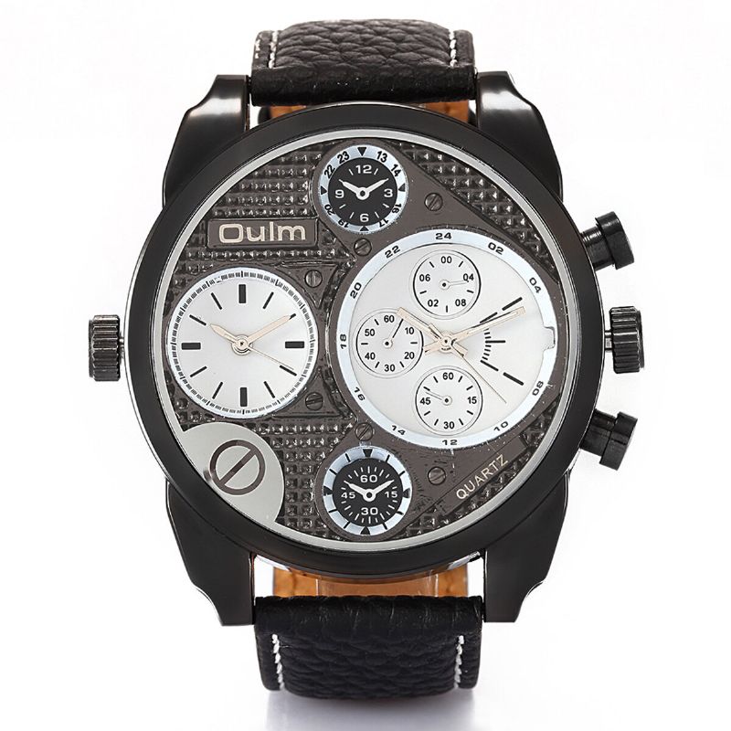 Oulm 9316 Reloj De Moda Vintage Para Hombre Reloj De Cuarzo Con Banda De Cuero Impermeable Con Doble Zona Horaria Y Esfera Grande