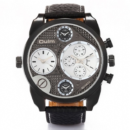 Oulm 9316 Reloj De Moda Vintage Para Hombre Reloj De Cuarzo Con Banda De Cuero Impermeable Con Doble Zona Horaria Y Esfera Grande