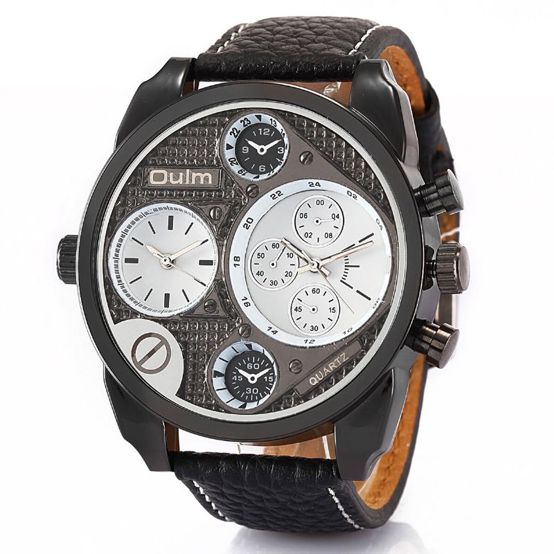 Oulm 9316 Reloj De Moda Vintage Para Hombre Reloj De Cuarzo Con Banda De Cuero Impermeable Con Doble Zona Horaria Y Esfera Grande