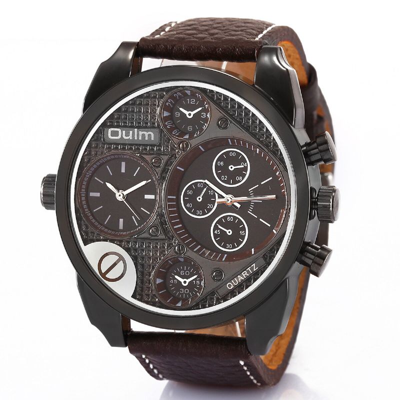 Oulm 9316 Reloj De Moda Vintage Para Hombre Reloj De Cuarzo Con Banda De Cuero Impermeable Con Doble Zona Horaria Y Esfera Grande