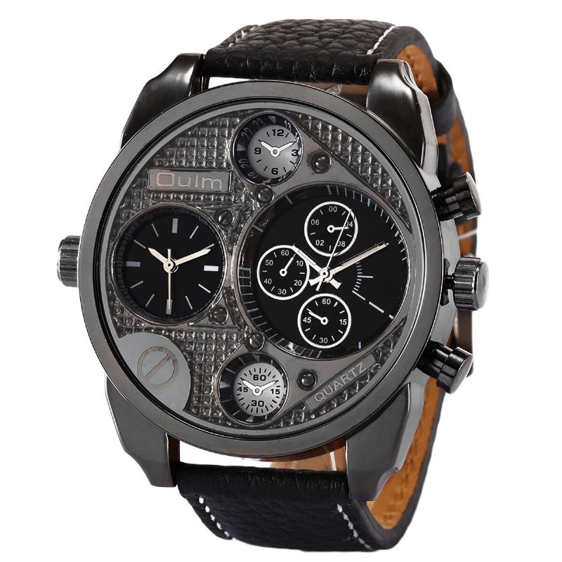 Oulm 9316 Reloj De Moda Vintage Para Hombre Reloj De Cuarzo Con Banda De Cuero Impermeable Con Doble Zona Horaria Y Esfera Grande