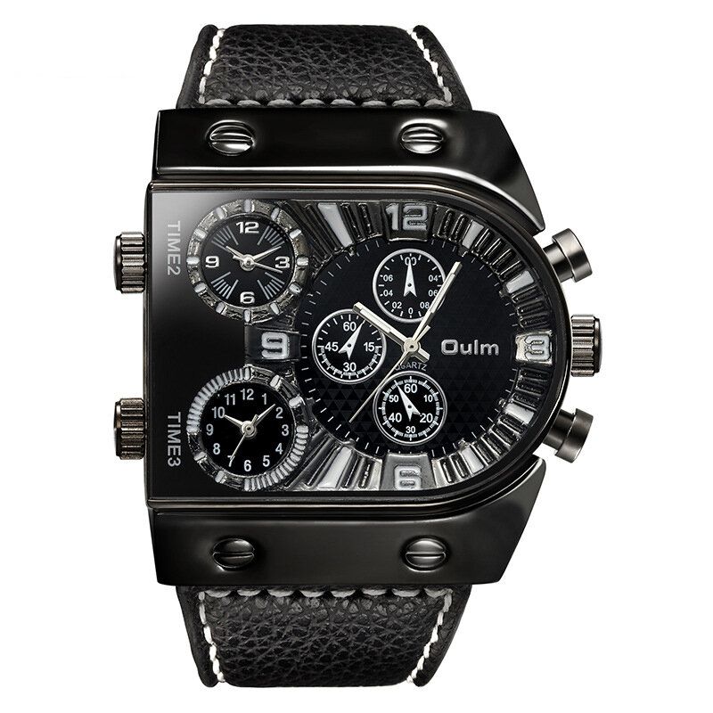 Oulm Big Dial Vintage Multi Time Zones Reloj De Cuarzo Pu Leather Band Hombres Reloj De Pulsera