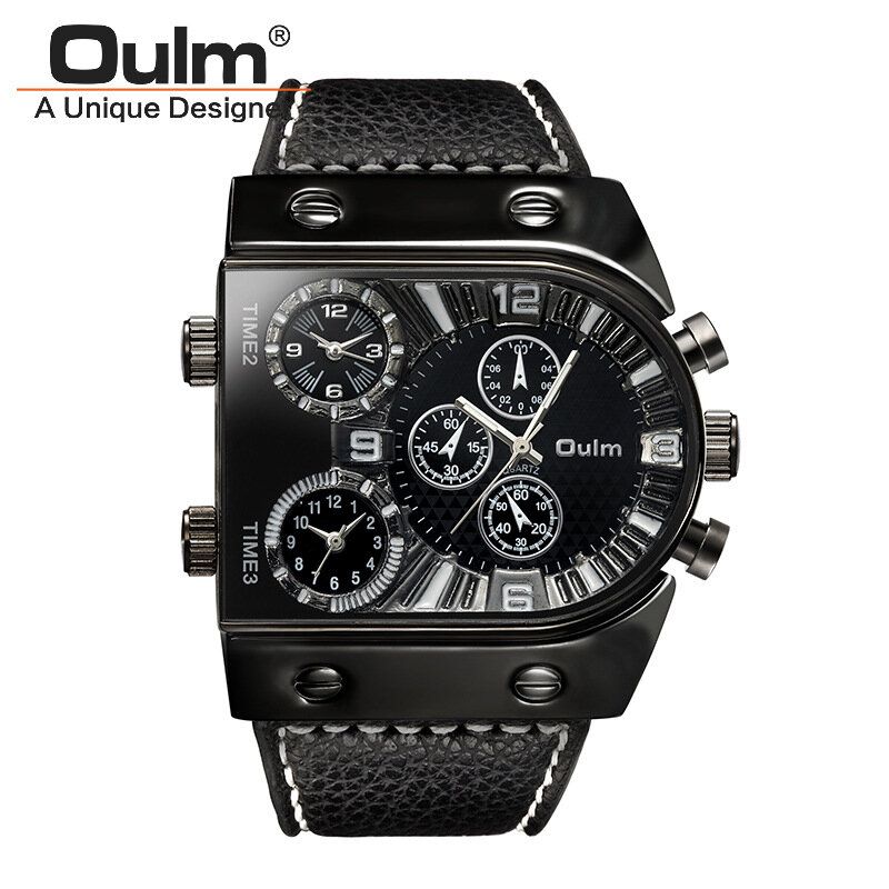 Oulm Big Dial Vintage Multi Time Zones Reloj De Cuarzo Pu Leather Band Hombres Reloj De Pulsera