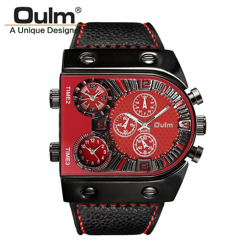 Oulm Big Dial Vintage Multi Time Zones Reloj De Cuarzo Pu Leather Band Hombres Reloj De Pulsera