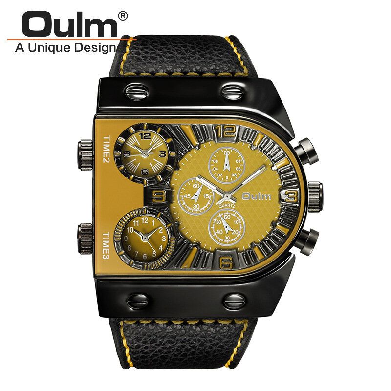 Oulm Big Dial Vintage Multi Time Zones Reloj De Cuarzo Pu Leather Band Hombres Reloj De Pulsera