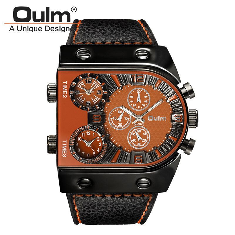 Oulm Big Dial Vintage Multi Time Zones Reloj De Cuarzo Pu Leather Band Hombres Reloj De Pulsera