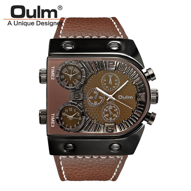 Oulm Big Dial Vintage Multi Time Zones Reloj De Cuarzo Pu Leather Band Hombres Reloj De Pulsera