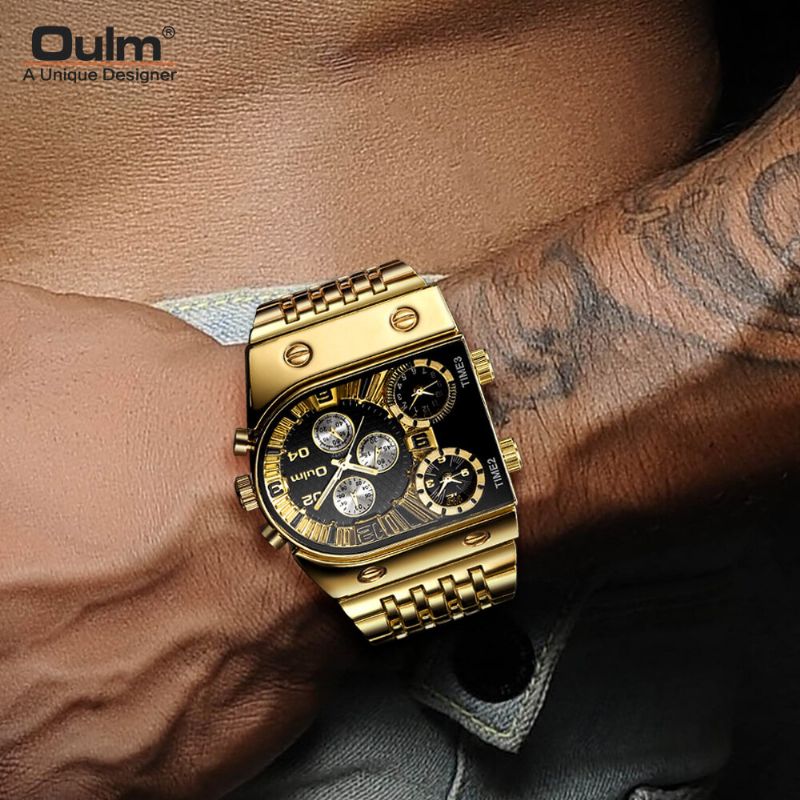 Oulm Reloj Vintage Con Esfera Grande Para Hombre Reloj De Cuarzo Resistente Al Agua Con Pantalla Luminosa De Múltiples Zonas Horarias