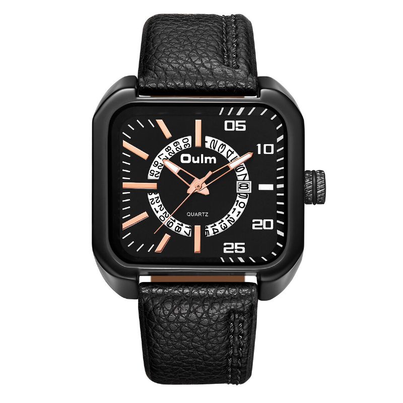 Oulm Square Con Calendario Dial Pu Correa De Cuero 3atm Reloj De Cuarzo Impermeable Para Hombres