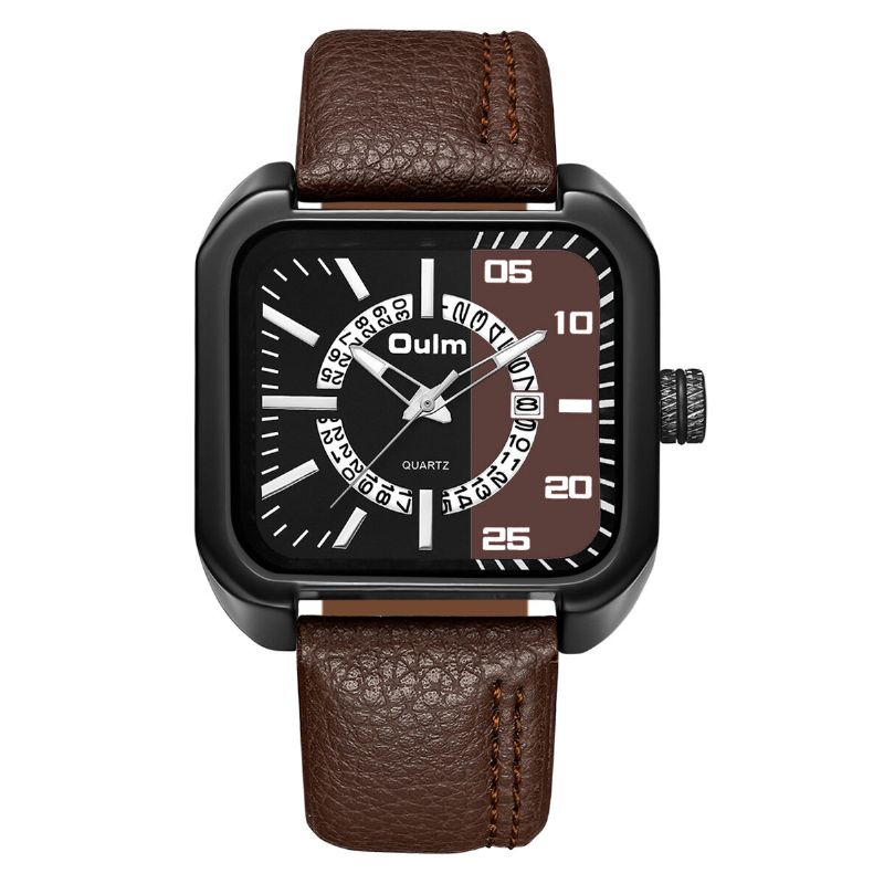 Oulm Square Con Calendario Dial Pu Correa De Cuero 3atm Reloj De Cuarzo Impermeable Para Hombres