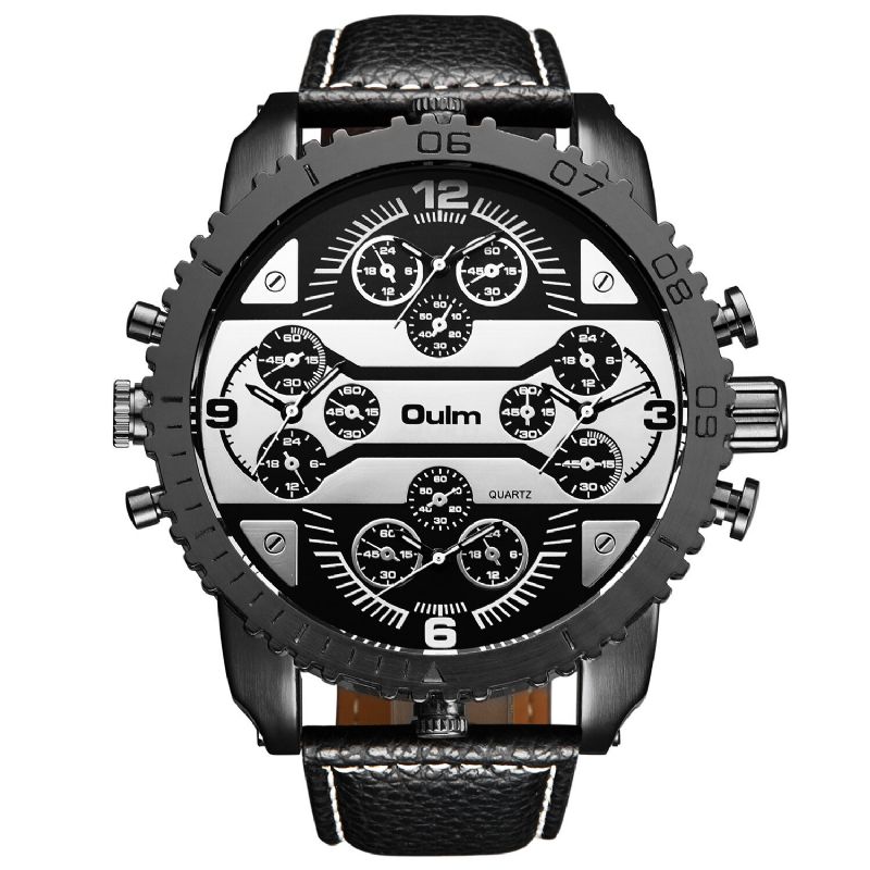 Oulm Vintage Men Watch Dial Grande Reloj De Zona Horaria Múltiple Luminoso Reloj De Cuarzo Impermeable