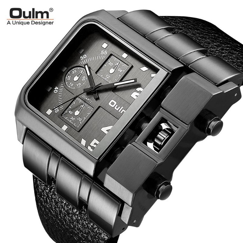 Oulm Vintage Square Large Dial Hombres Reloj De Pulsera Banda De Cuero Reloj De Cuarzo Creativo