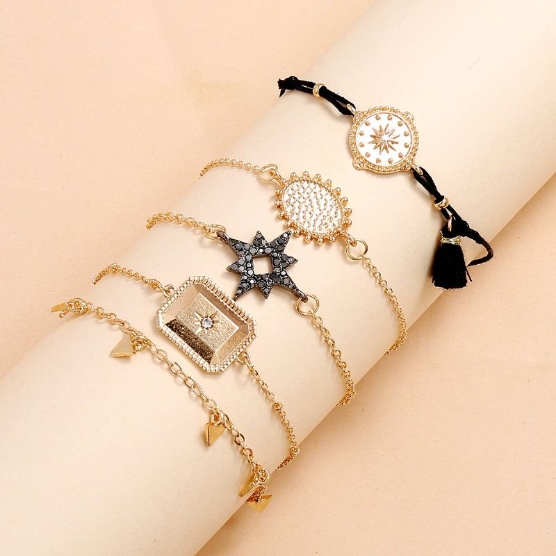 Pulsera De Múltiples Capas A La Moda Para Mujer Conjunto De Pulsera De Triángulo Cuadrado De Metal Con Colgante De Borla Hexagonal De Diamante Geométrico