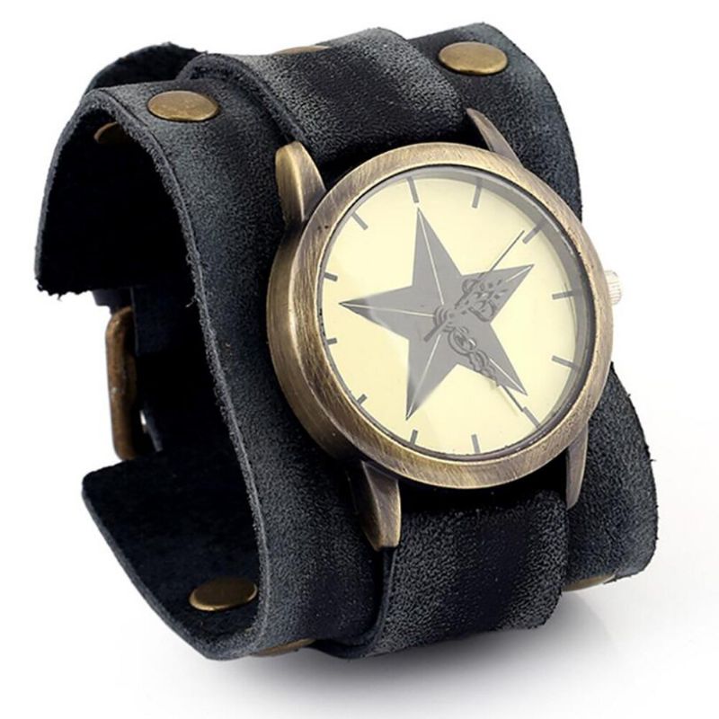 Pulsera De Reloj De Cuarzo Unisex Con Correa De Cuero De Piel De Vaca Multicapa Casual Vintage