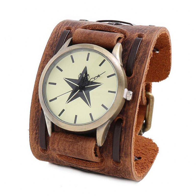 Pulsera De Reloj De Cuarzo Unisex Con Correa De Cuero De Piel De Vaca Multicapa Casual Vintage