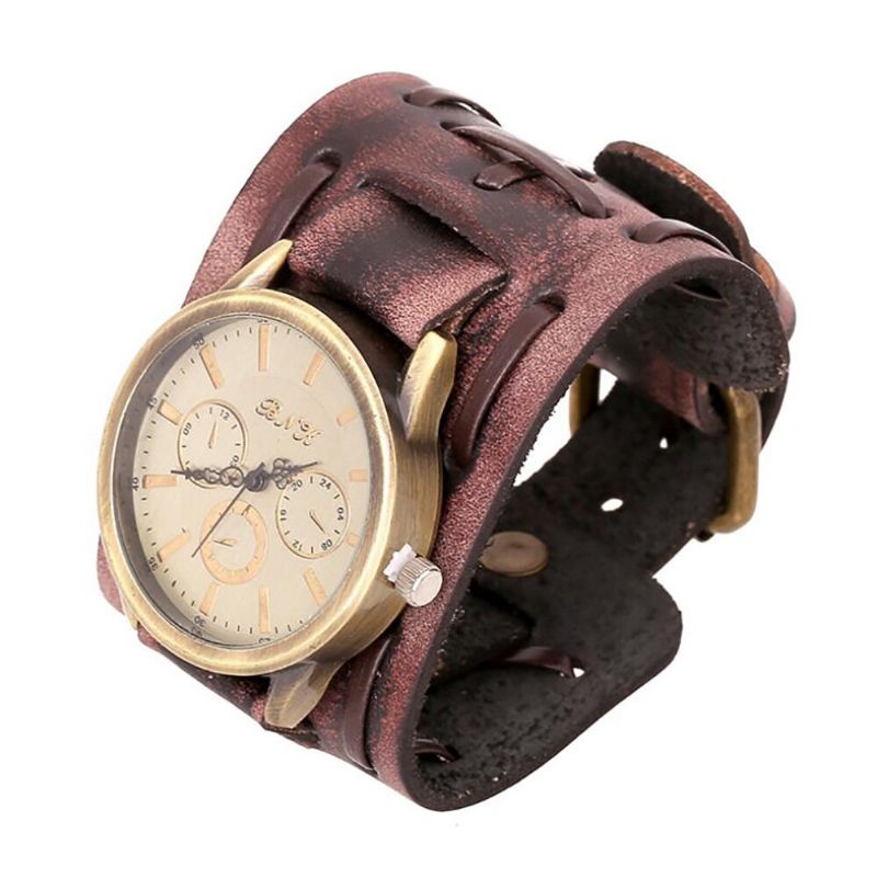 Pulsera De Reloj De Cuarzo Unisex Con Correa De Cuero De Piel De Vaca Multicapa Casual Vintage