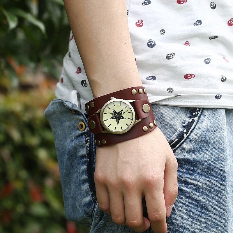 Pulsera De Reloj De Cuarzo Unisex Con Correa De Cuero De Piel De Vaca Multicapa Casual Vintage