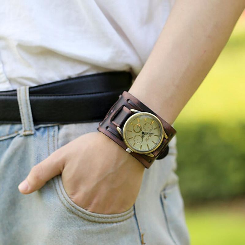 Pulsera De Reloj De Cuarzo Unisex Con Correa De Cuero De Piel De Vaca Multicapa Casual Vintage