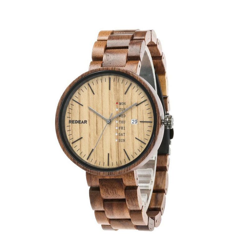 Redear Sj1488 Moda Hombres Reloj De Madera Fecha Semana Pantalla Reloj De Cuarzo Con Correa De Madera