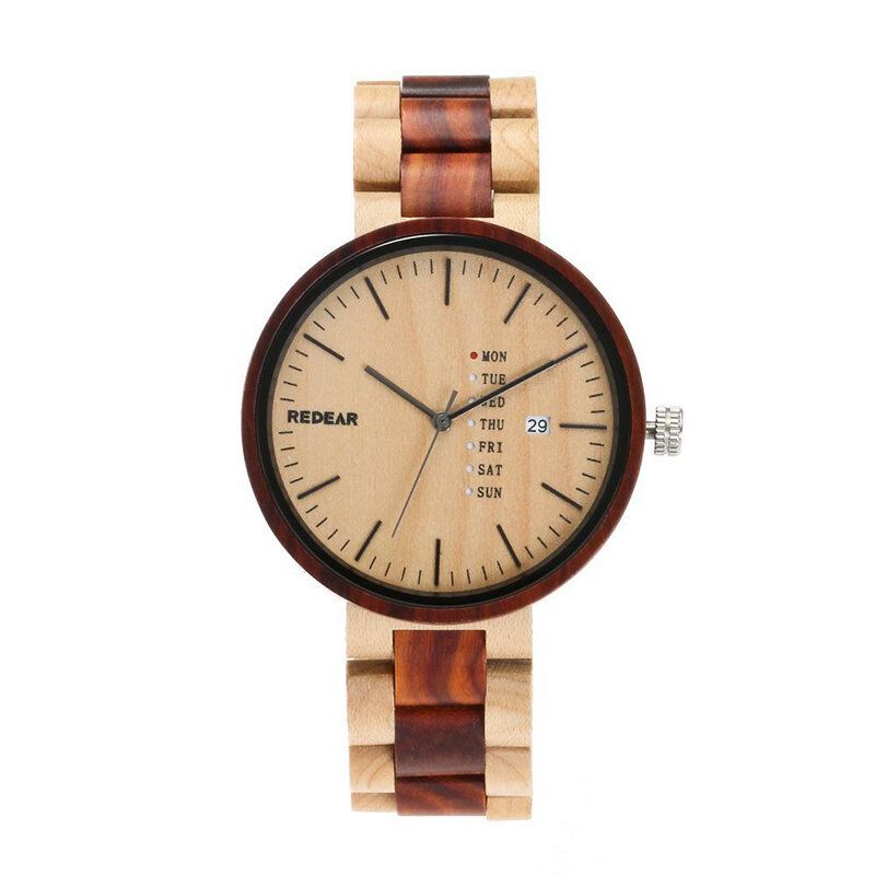 Redear Sj1488 Moda Hombres Reloj De Madera Fecha Semana Pantalla Reloj De Cuarzo Con Correa De Madera