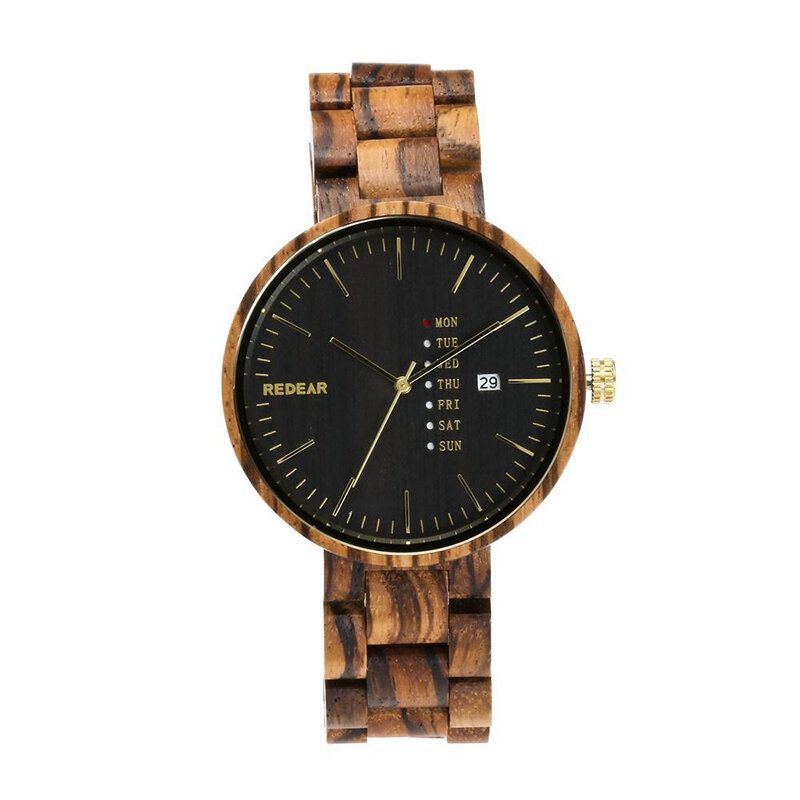 Redear Sj1488 Moda Hombres Reloj De Madera Fecha Semana Pantalla Reloj De Cuarzo Con Correa De Madera