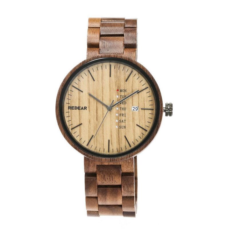 Redear Sj1488 Moda Hombres Reloj De Madera Fecha Semana Pantalla Reloj De Cuarzo Con Correa De Madera