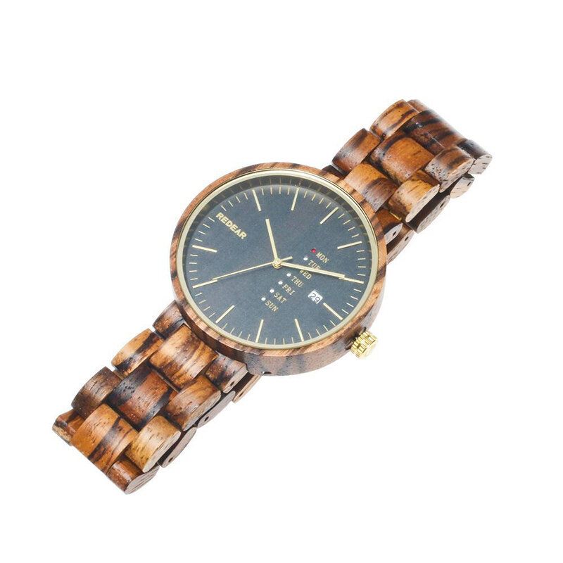 Redear Sj1488 Moda Hombres Reloj De Madera Fecha Semana Pantalla Reloj De Cuarzo Con Correa De Madera