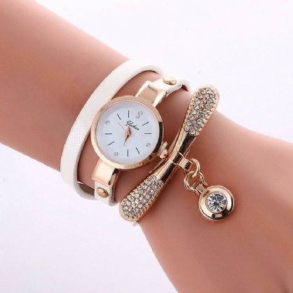 Reloj Casual Para Mujer Correa De Cuero Diamante De Imitación Metal Círculo Decorativo Colgante Reloj De Cuarzo De Múltiples Capas