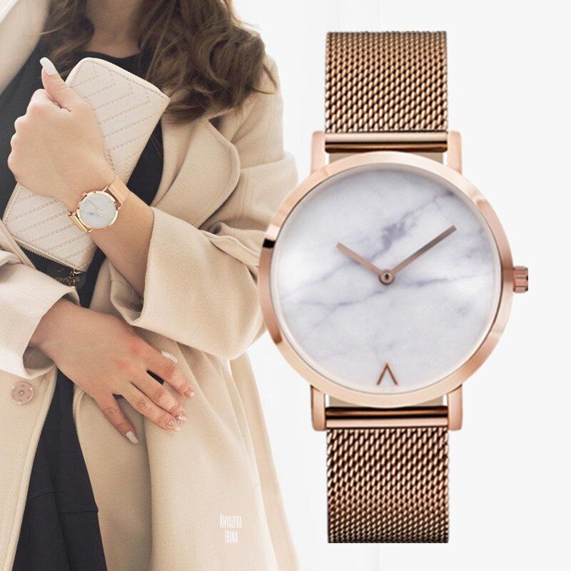 Reloj De Cuarzo Casual Para Mujer Con Correa De Acero Inoxidable Y Esfera De Mármol De Moda