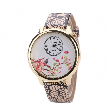 Reloj De Cuarzo Con Flores Y Pájaros Relojes De Pulsera Para Mujer Con Correa De Cuero De Estilo Casual