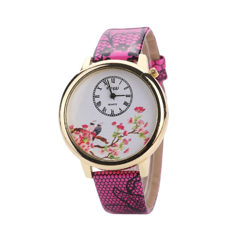 Reloj De Cuarzo Con Flores Y Pájaros Relojes De Pulsera Para Mujer Con Correa De Cuero De Estilo Casual