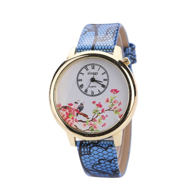 Reloj De Cuarzo Con Flores Y Pájaros Relojes De Pulsera Para Mujer Con Correa De Cuero De Estilo Casual