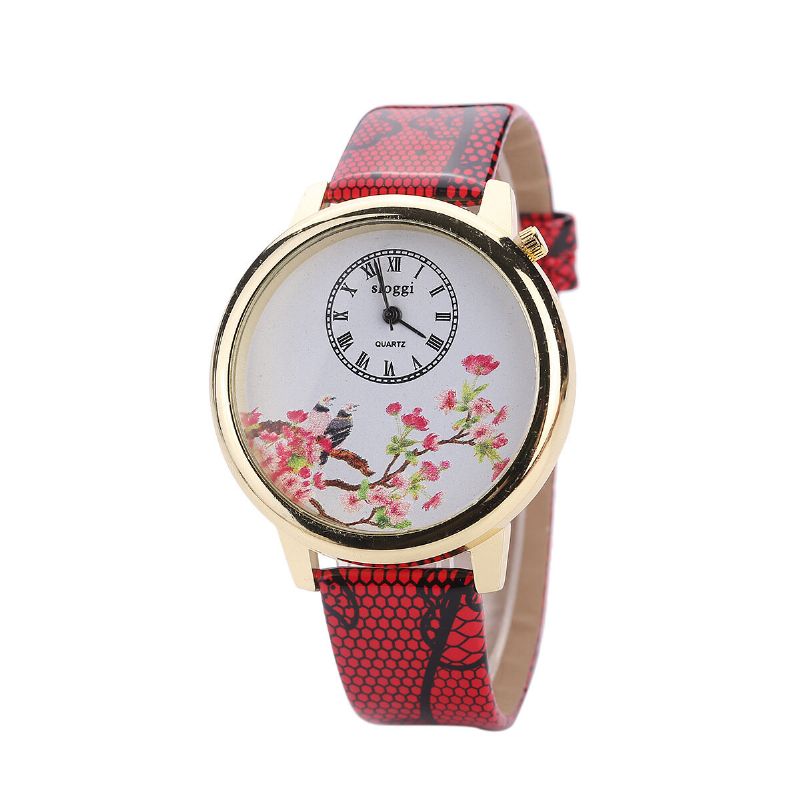 Reloj De Cuarzo Con Flores Y Pájaros Relojes De Pulsera Para Mujer Con Correa De Cuero De Estilo Casual