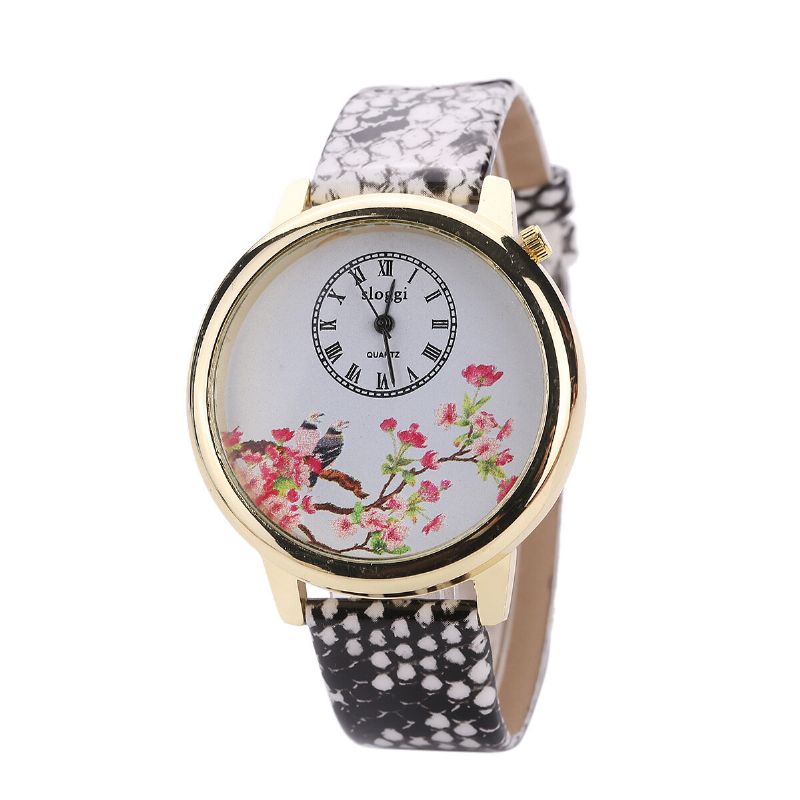 Reloj De Cuarzo Con Flores Y Pájaros Relojes De Pulsera Para Mujer Con Correa De Cuero De Estilo Casual